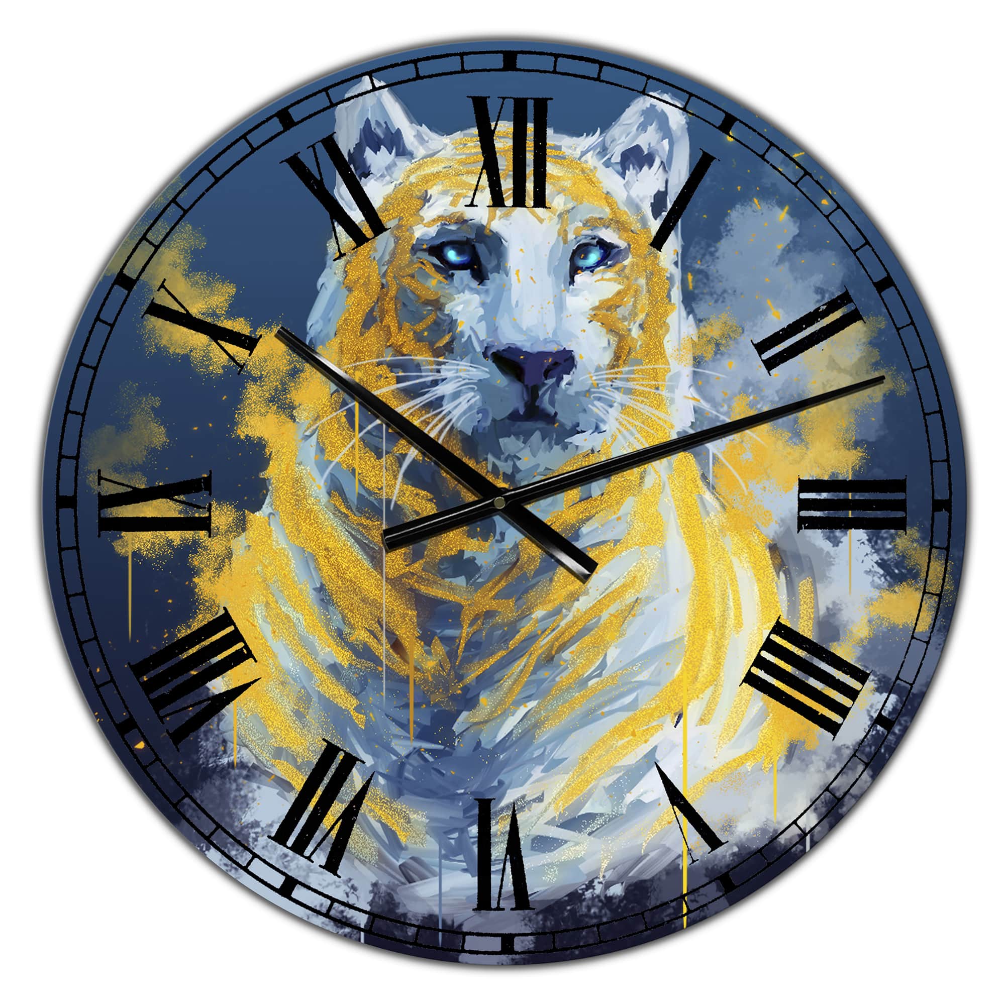 Designart Tiger Spirit in Blue and Gold Oversized Fashion Wall Clock
